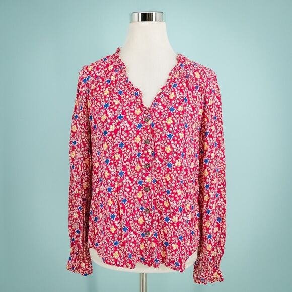 Maeve Anthropologie Size 6 Marisol Pink Floral Star Print V Neck Button Down Top - Picture 1 of 7